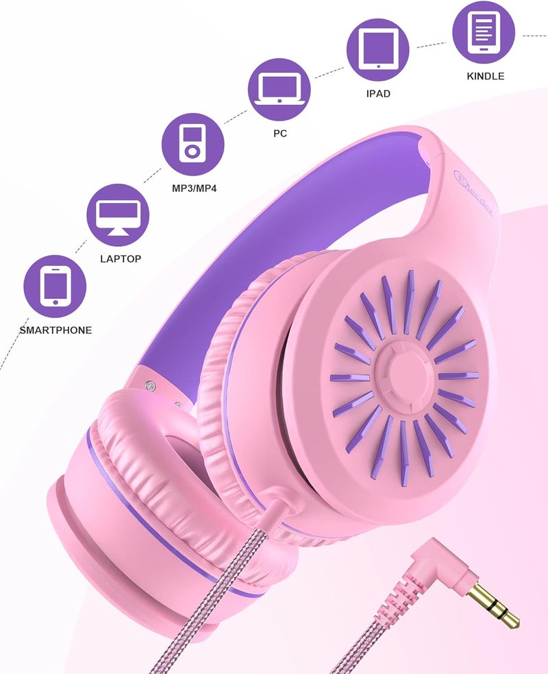 ELECDER i45 On-Ear Headphones with Microphone - Foldable Stereo Bass Headphones with No-Tangle 1.5M Cord, 3.5MM Jack, Portable Wired Headphones for School/Kids/Teens/Smartphones/Travel/Tablet - Pink - Image 5